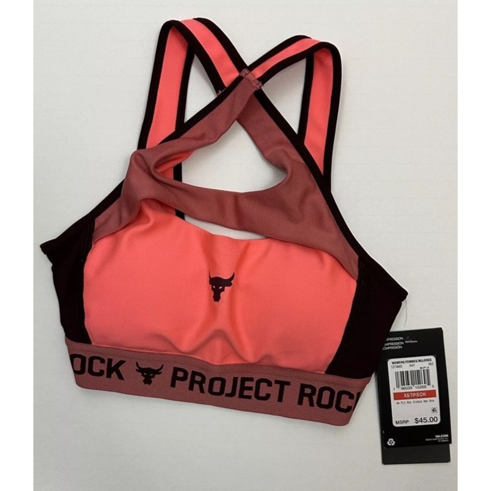 Project Rock Under Armour Cross Back‎ Sports Bra Size XS Calypso Maroon NEW